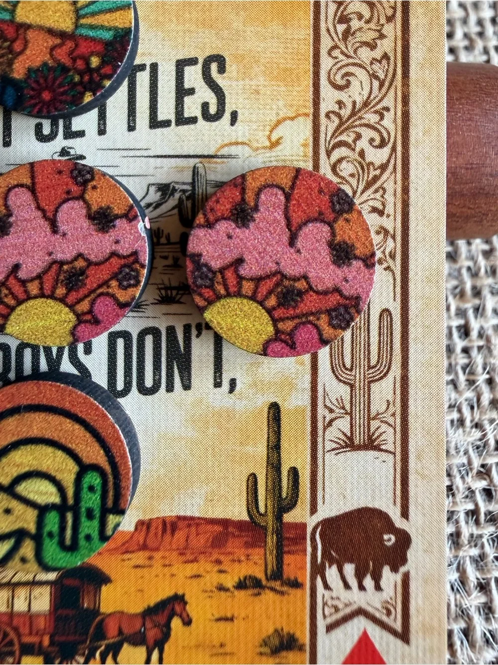 NEW Set of 3 Western Wood Stud Earrings Sun Desert Cactus Boho Cowgirl